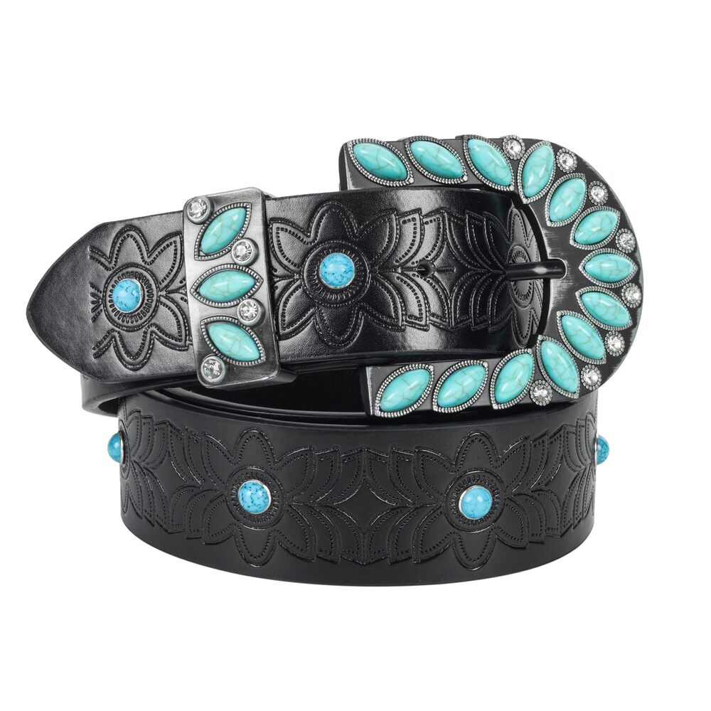 6236 Women Western-belts Rhinestone-cowboy-cowgirl Embossed Floral Pu